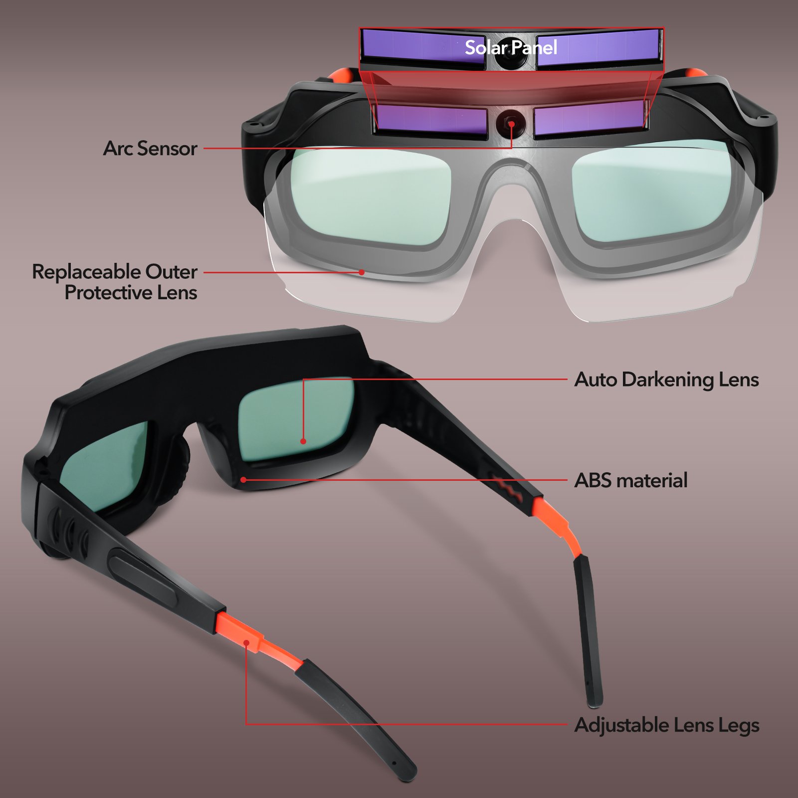 TRQ Factory Wholesale Price Auto Darkening Welding Goggles with Solar Panel Welding Glasses