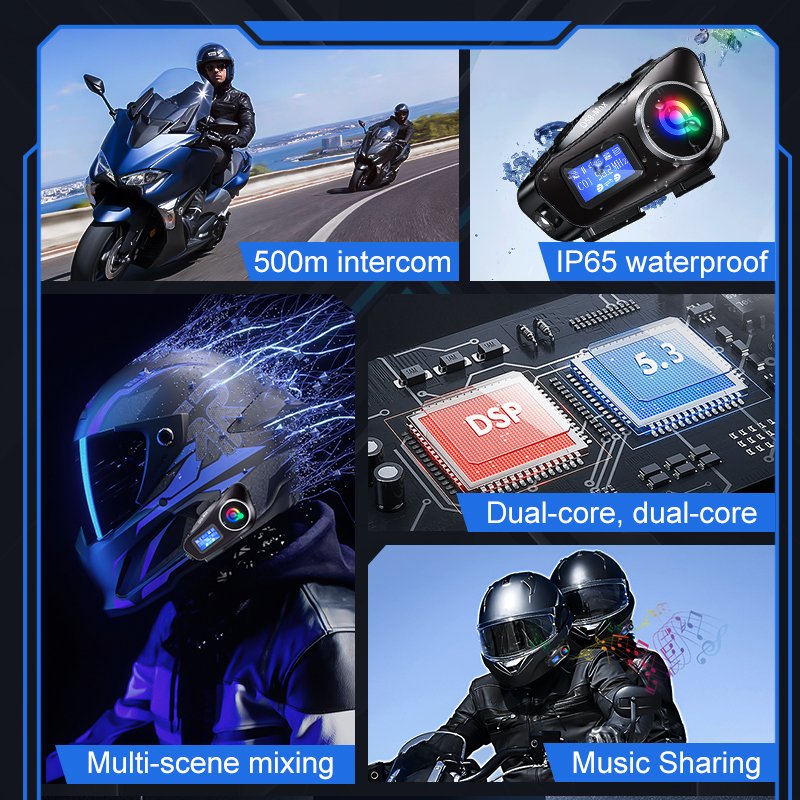 High Performance Q58MAX Bt5.3 2people 300M Motorbike Intercom Helmet Blue Tooth Headset Music/auto Answer/FM Radio for Rider