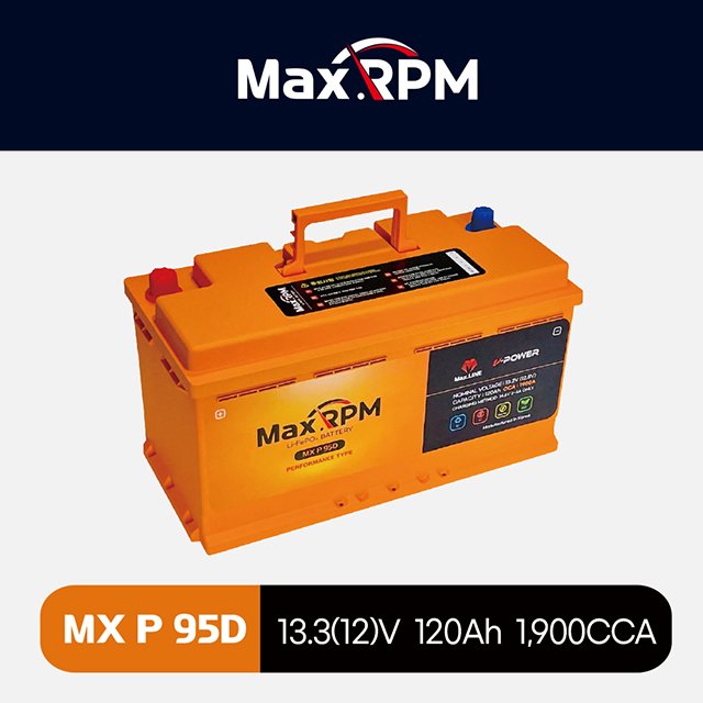 Korean Maxline Long Life Span Lithium Iron Phosphapate (LiFePO4) 12V Car Battery 120Ah Capacity 1,900CCA Performance MX P 95D