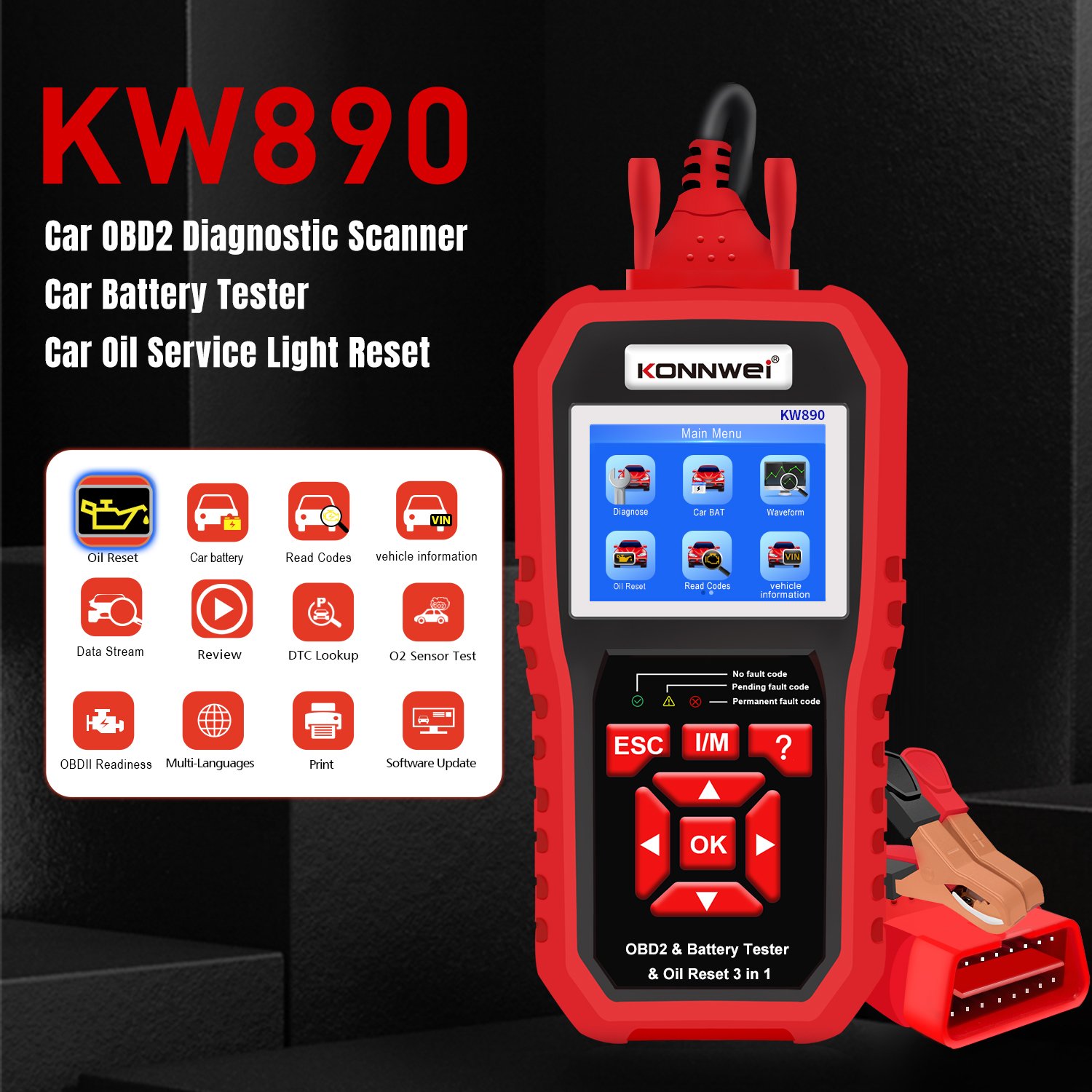 KW890 Konnwei Universal Car Diagnostic OBD2 Scanner With Car Battery Resistance Cranking Charging Tester