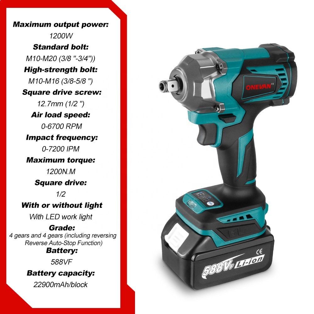 ONEVAN 1200N.M Brushless Electric Impact Wrench 3 Funtion 1/2 Inch Cordless Screwdriver Electric Drill for Makita 18V Battery