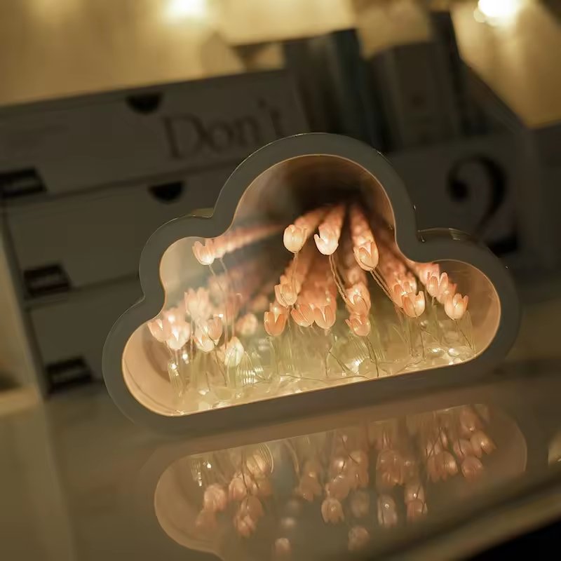 DIY Tulip Cloud Table Lamp ABS Mini Bedside Night Lamp LED Warm Color Projector Rectangle Bed Mirror Battery Switch Room Use