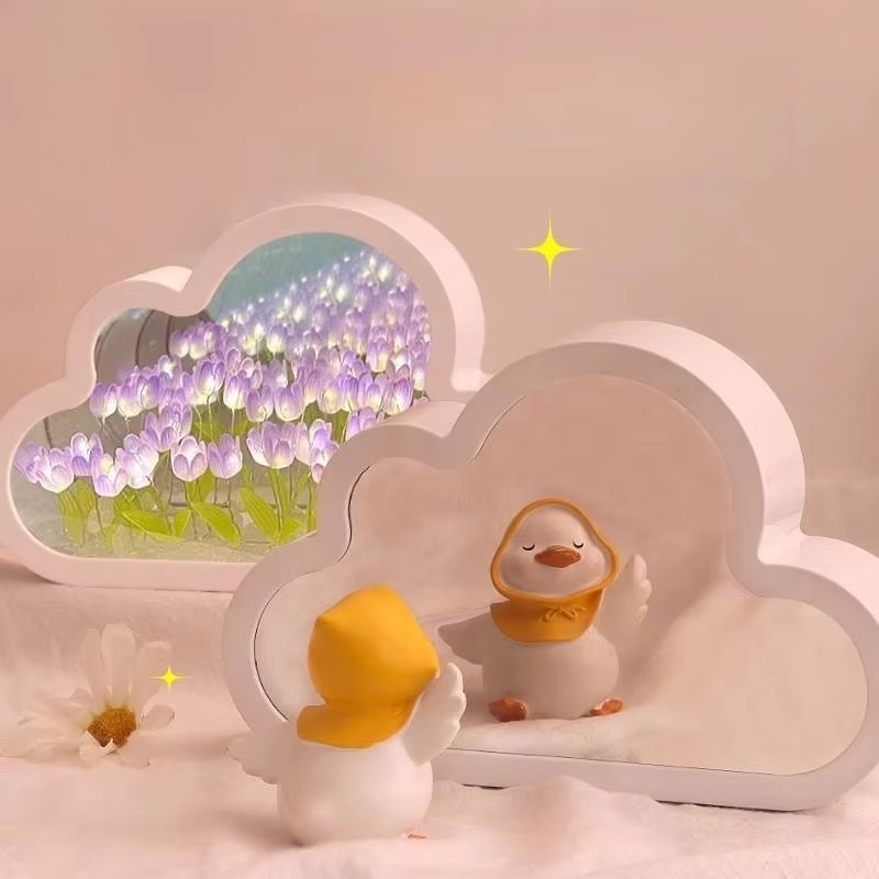 DIY Tulip Cloud Table Lamp ABS Mini Bedside Night Lamp LED Warm Color Projector Rectangle Bed Mirror Battery Switch Room Use