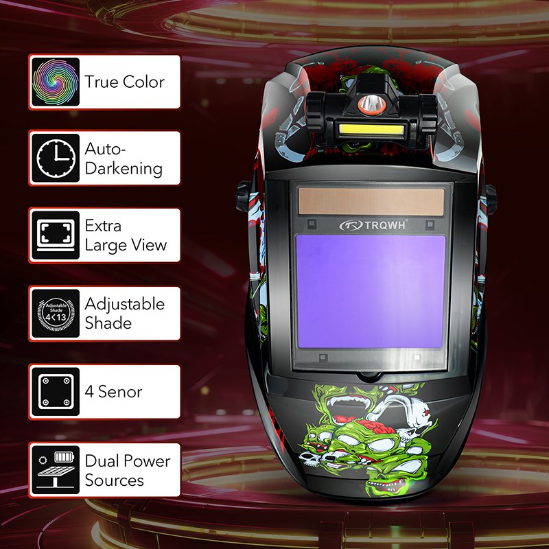 TRQ Factory Customizes the Appearance Decal of Solar Auto Darkening Helmets with LED Headlights for 100*80mm Welder Helmets