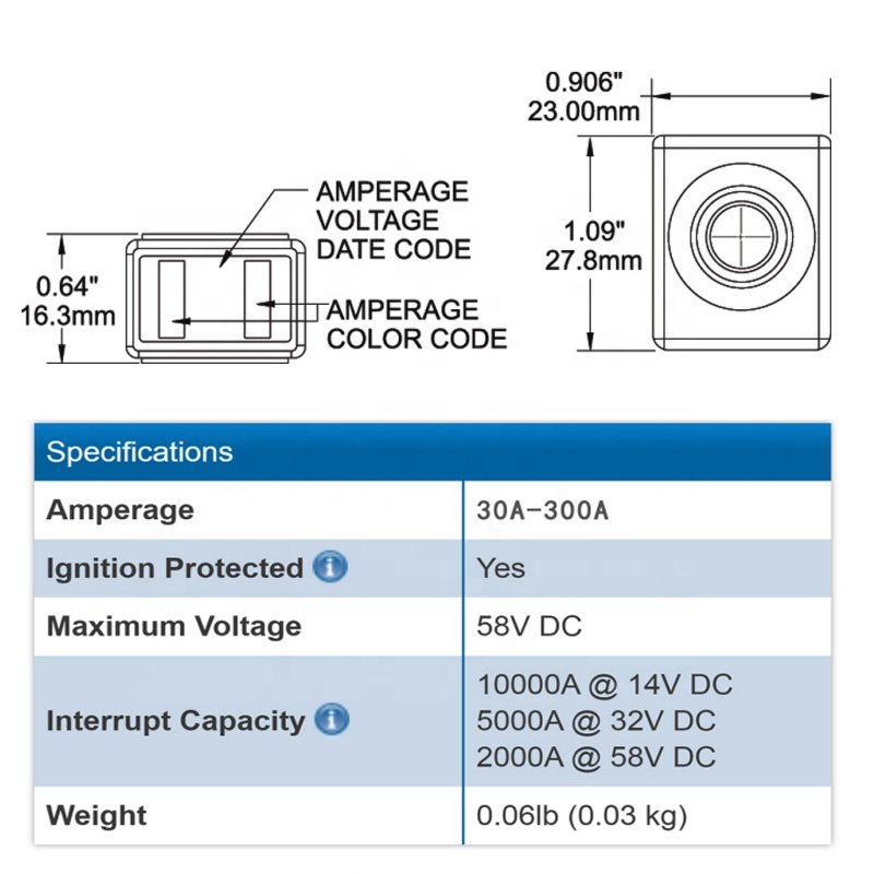 Marine Battery Fuse 58VDC 200A Battery Terminals M8(5/16") Waterproof MRBF Fuse for New Energy Vehicles RVs Car Auto