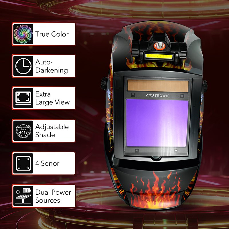 TRQ True Color Solar Auto Darkening Welding Helmet, Wide Shade 4/5-9/9-13 for TIG MIG ARC Welding Headcover Helmet