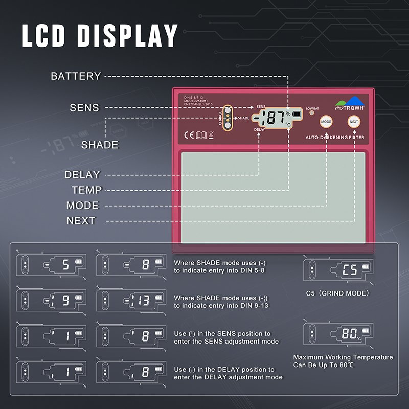 TRQ Custom Digital Display Lenses Adjustable Shade DIN 5-13 Welding Helmet Can Be Replaced with Auto Darkening Filter Lens