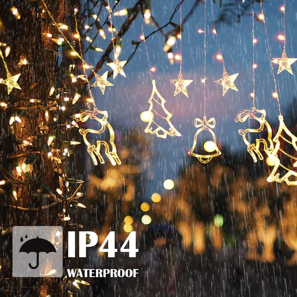 138 Led Battery Powered 3.5m Twinkle Star Tree Window Curtain Star Elk Fairy Lights Bell Curtain Lights for Christmas Decoration