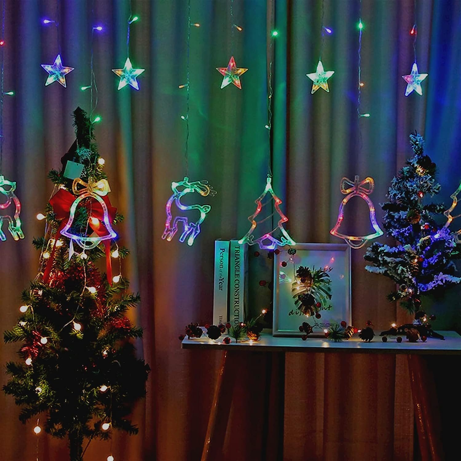 138 Led Battery Powered 3.5m Twinkle Star Tree Window Curtain Star Elk Fairy Lights Bell Curtain Lights for Christmas Decoration