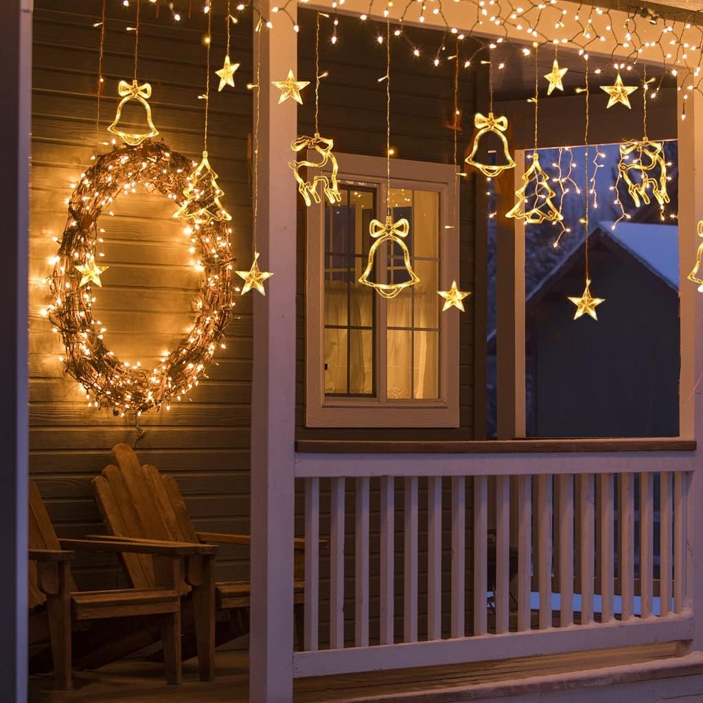 138 Led Battery Powered 3.5m Twinkle Star Tree Window Curtain Star Elk Fairy Lights Bell Curtain Lights for Christmas Decoration
