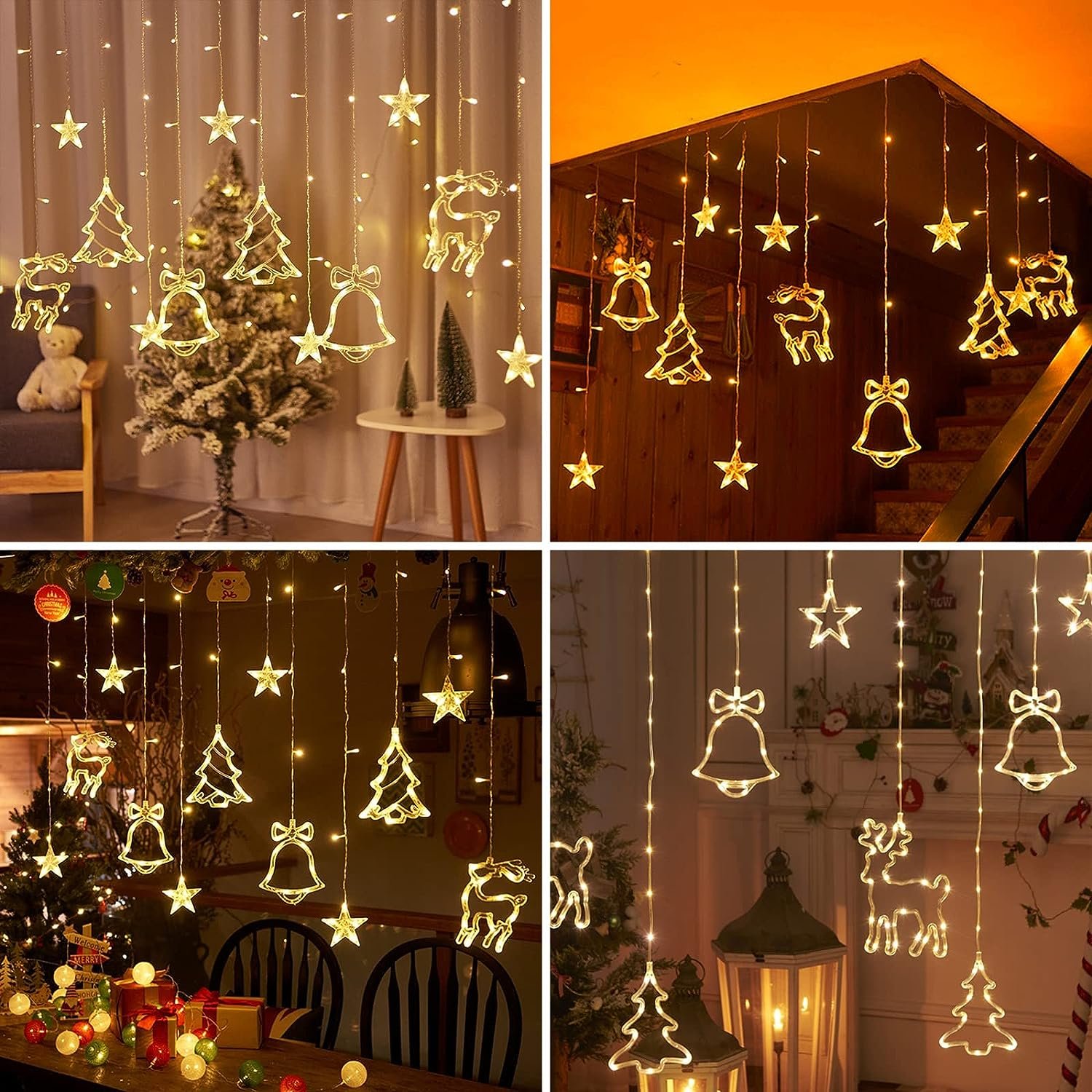 138 Led Battery Powered 3.5m Twinkle Star Tree Window Curtain Star Elk Fairy Lights Bell Curtain Lights for Christmas Decoration