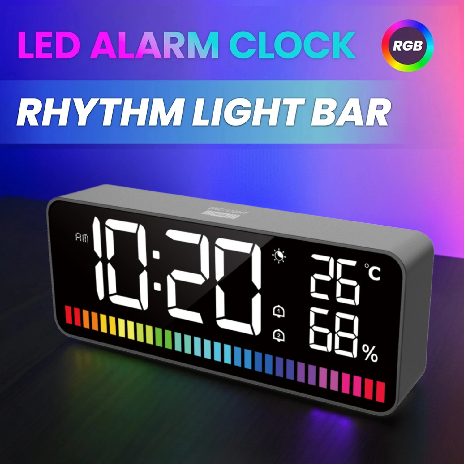 1200mAh LED Rhythm Light Bar Multifunction Alarm Clock 15 RGB Colors Sound Control Night Light Digital Audio Companion