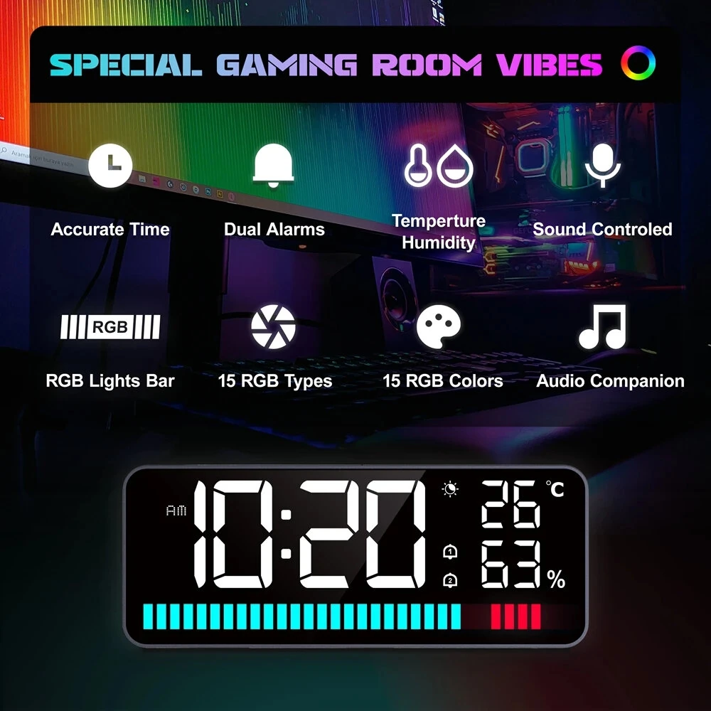 1200mAh LED Rhythm Light Bar Multifunction Alarm Clock 15 RGB Colors Sound Control Night Light Digital Audio Companion