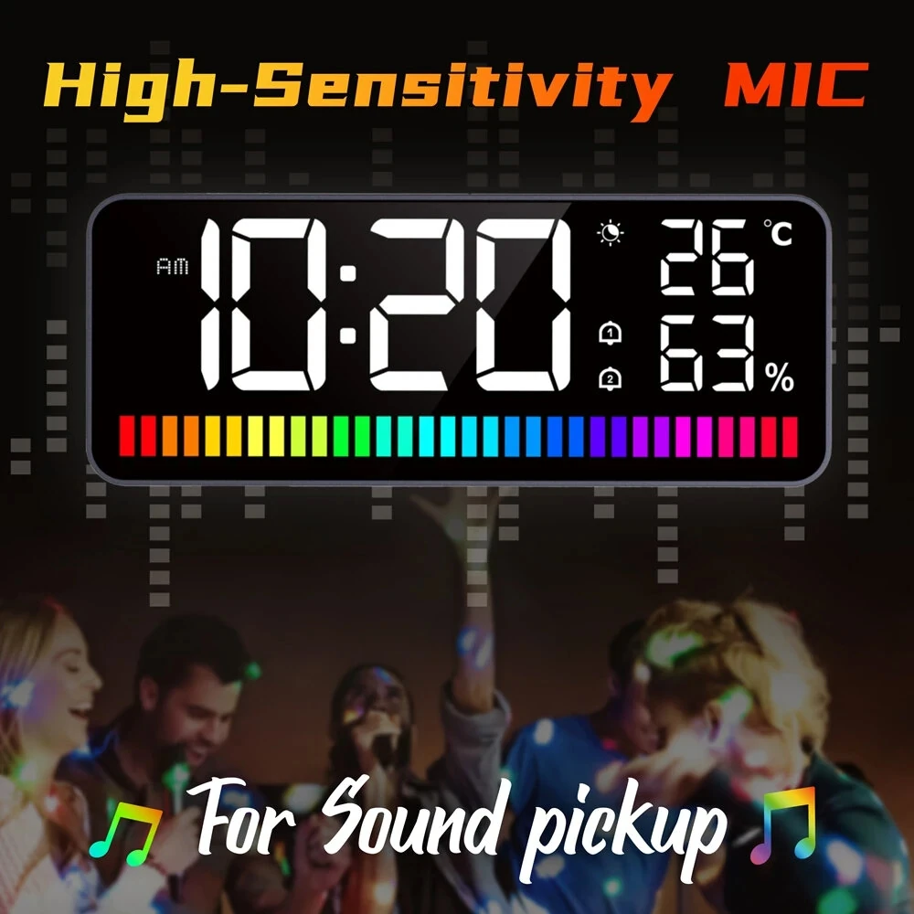 1200mAh LED Rhythm Light Bar Multifunction Alarm Clock 15 RGB Colors Sound Control Night Light Digital Audio Companion