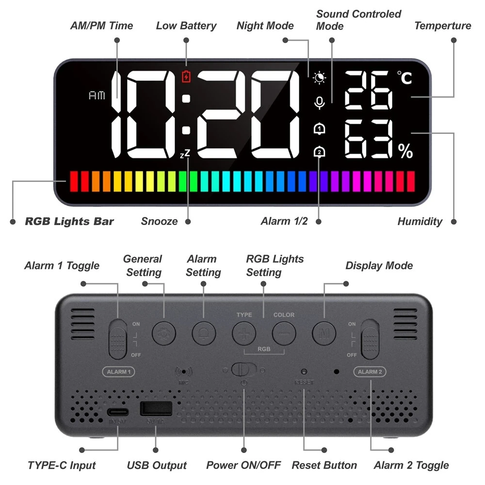 1200mAh LED Rhythm Light Bar Multifunction Alarm Clock 15 RGB Colors Sound Control Night Light Digital Audio Companion