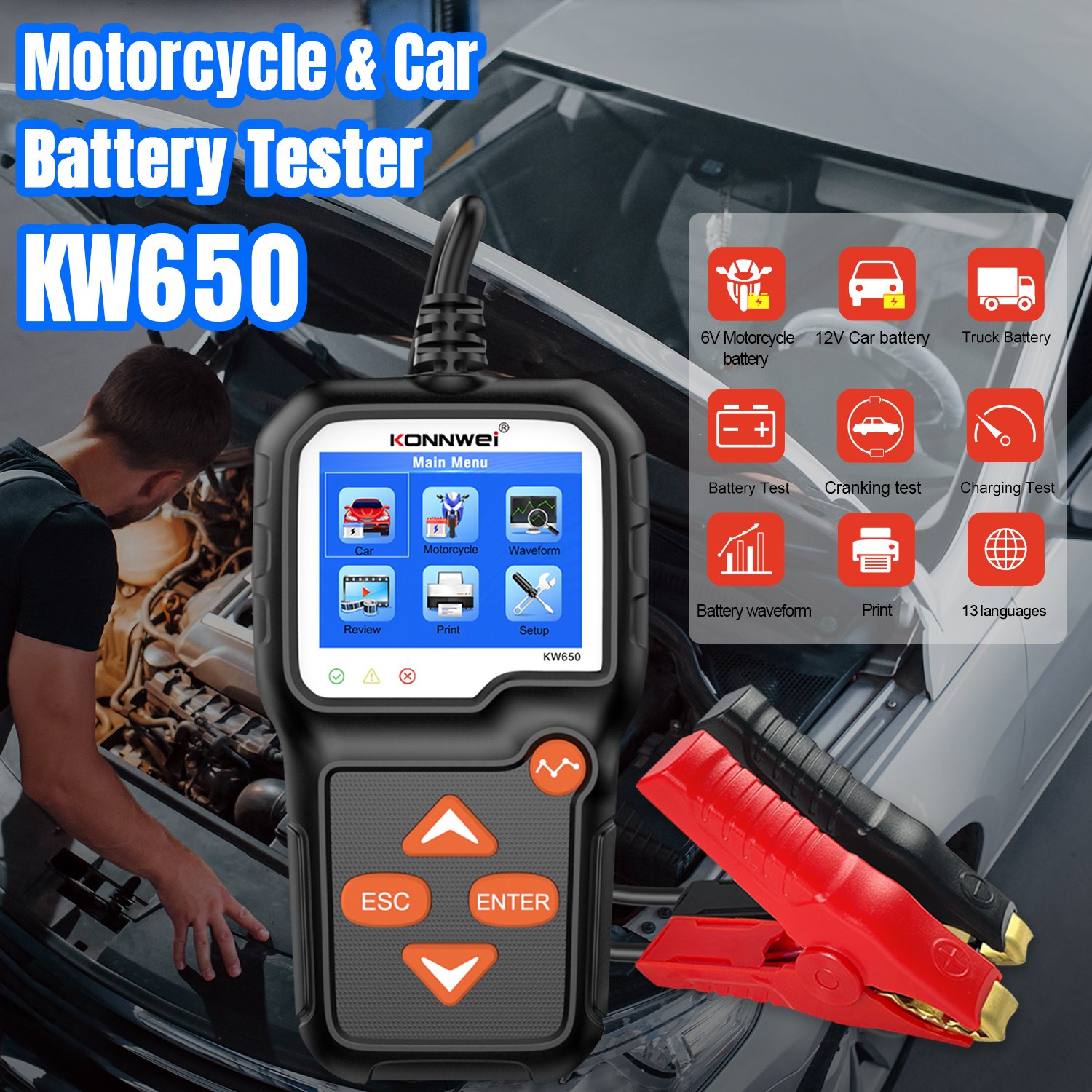 KONNWEI KW650 MOTORCYCLE & CAR BATTERY TESTER - 6V-12V