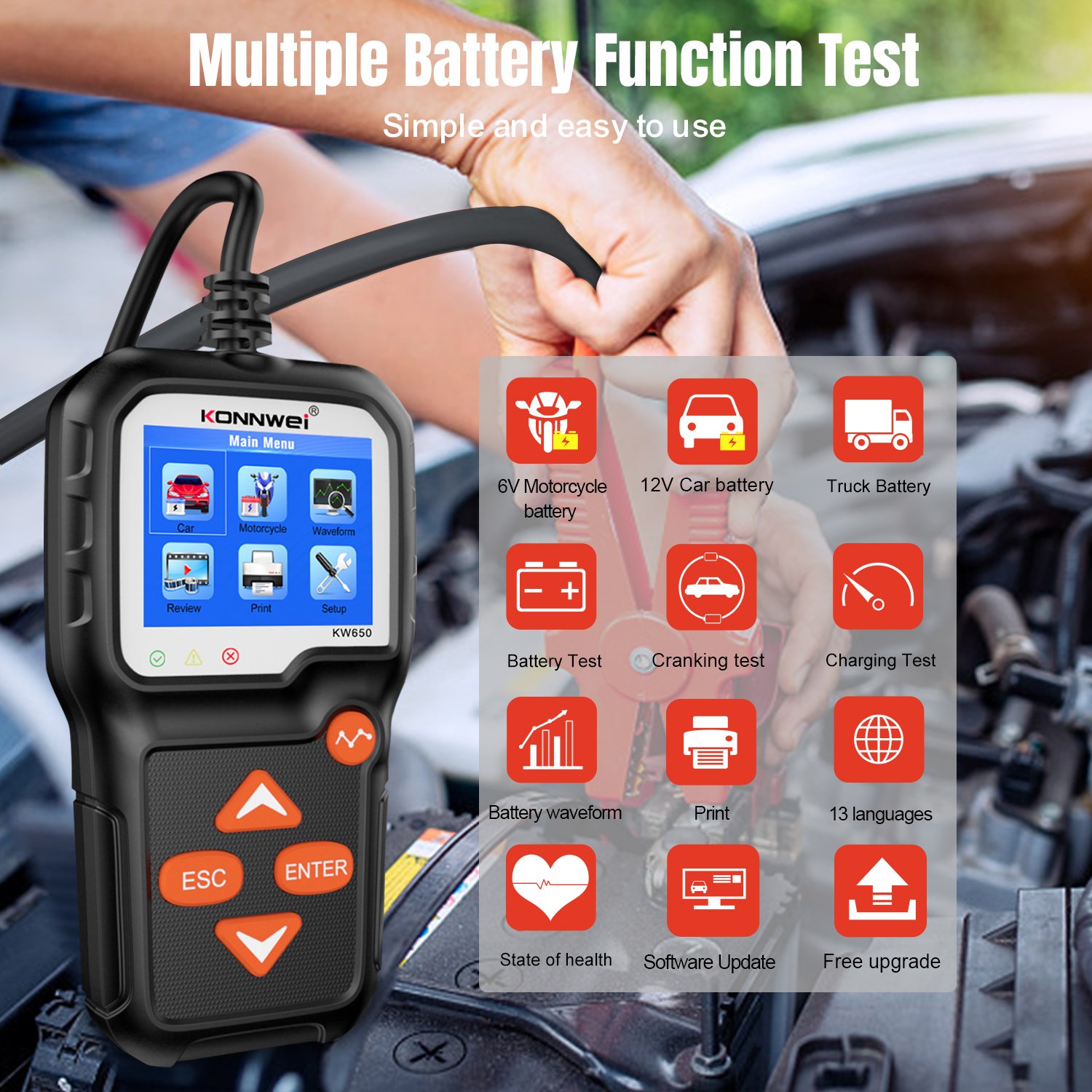 KONNWEI KW650 MOTORCYCLE & CAR BATTERY TESTER - 6V-12V