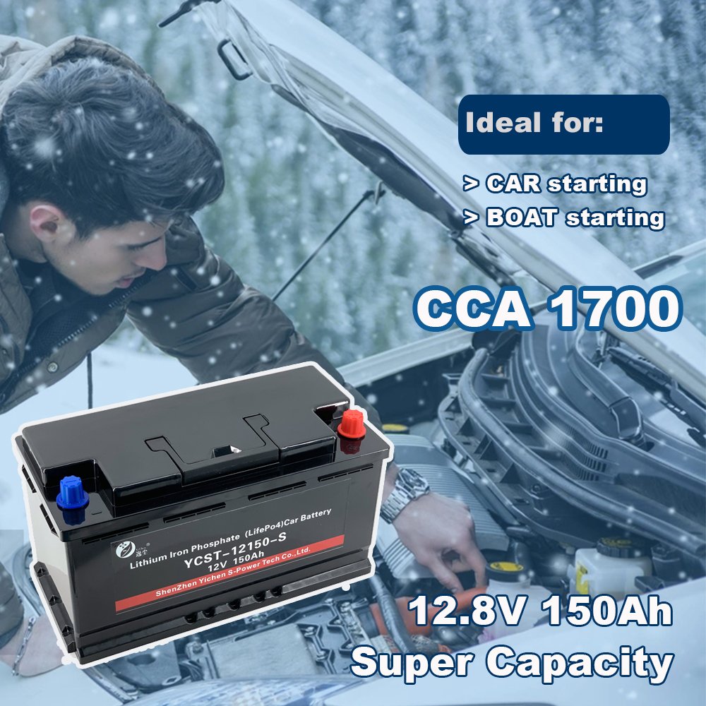 YCSTPOWER 12V 150Ah Lithium Battery for Car Starting 60038 CCA1400 LiFePO4 12.8V 150Ah Auto Battery Used in Cold Weather