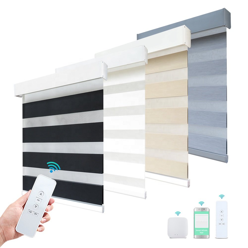 Excellent Blackout Roller Controlled Battery Operated WiFi Smart Automatic Motorized Zebra Blinds for Window Made in China