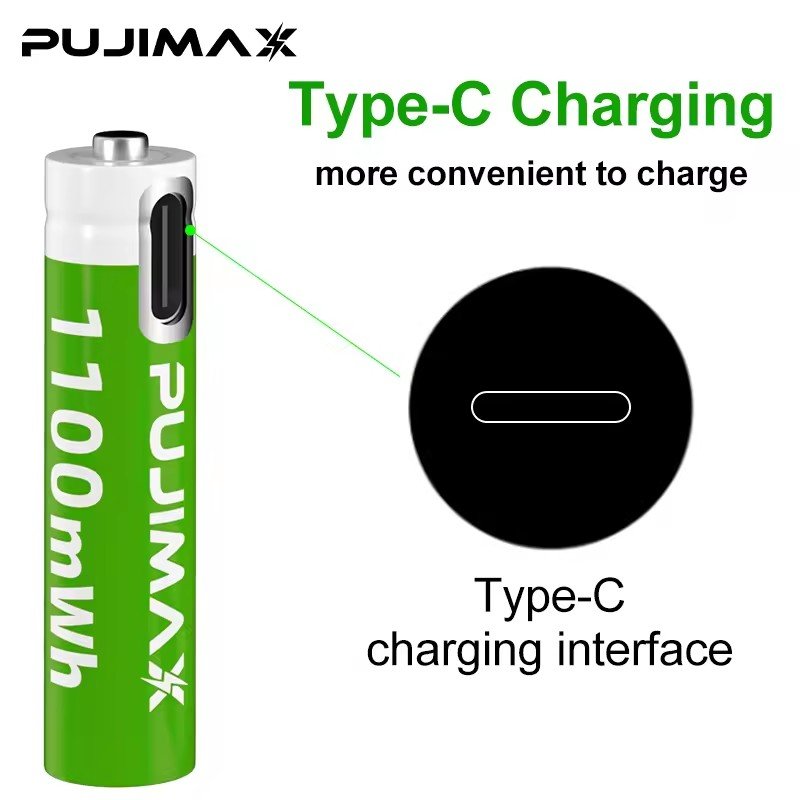 PUJIMAX 4Pcs 1100mWh USB C 3A Li Ion Battery Type C Charging AAA Lithium 1.5V Rechargeable Batteries for Fingerprint Toy Cars