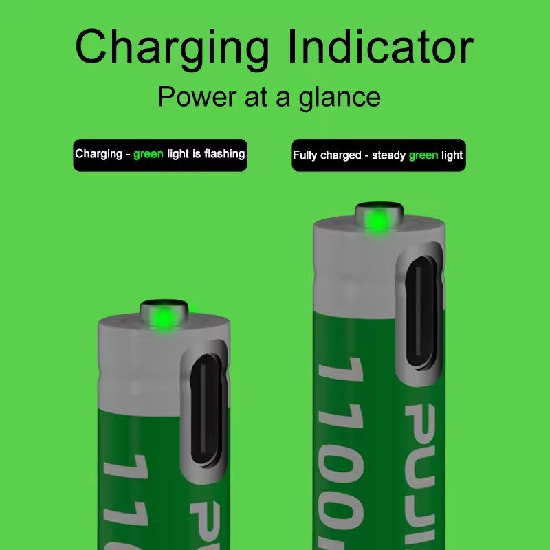 PUJIMAX 4Pcs 1100mWh USB C 3A Li Ion Battery Type C Charging AAA Lithium 1.5V Rechargeable Batteries for Fingerprint Toy Cars