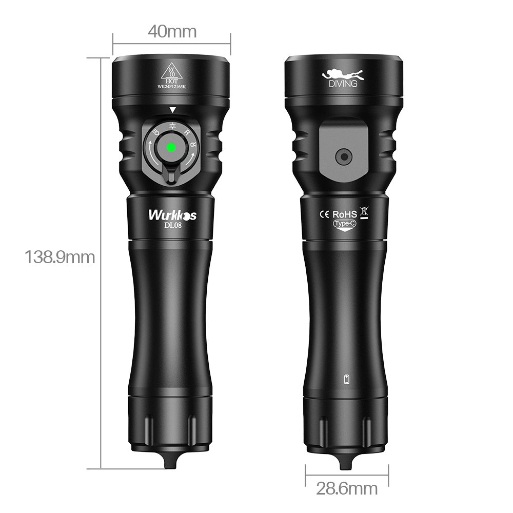 Wurkkos DL08 3600lm Rechargeable Diving Light 21700 Powerful Flashlight with Red Light&UV Light Waterproof Underwater Torch