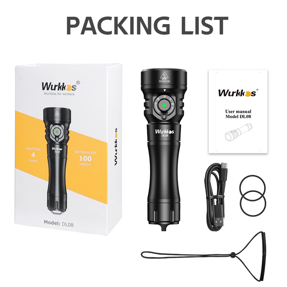 Wurkkos DL08 3600lm Rechargeable Diving Light 21700 Powerful Flashlight with Red Light&UV Light Waterproof Underwater Torch