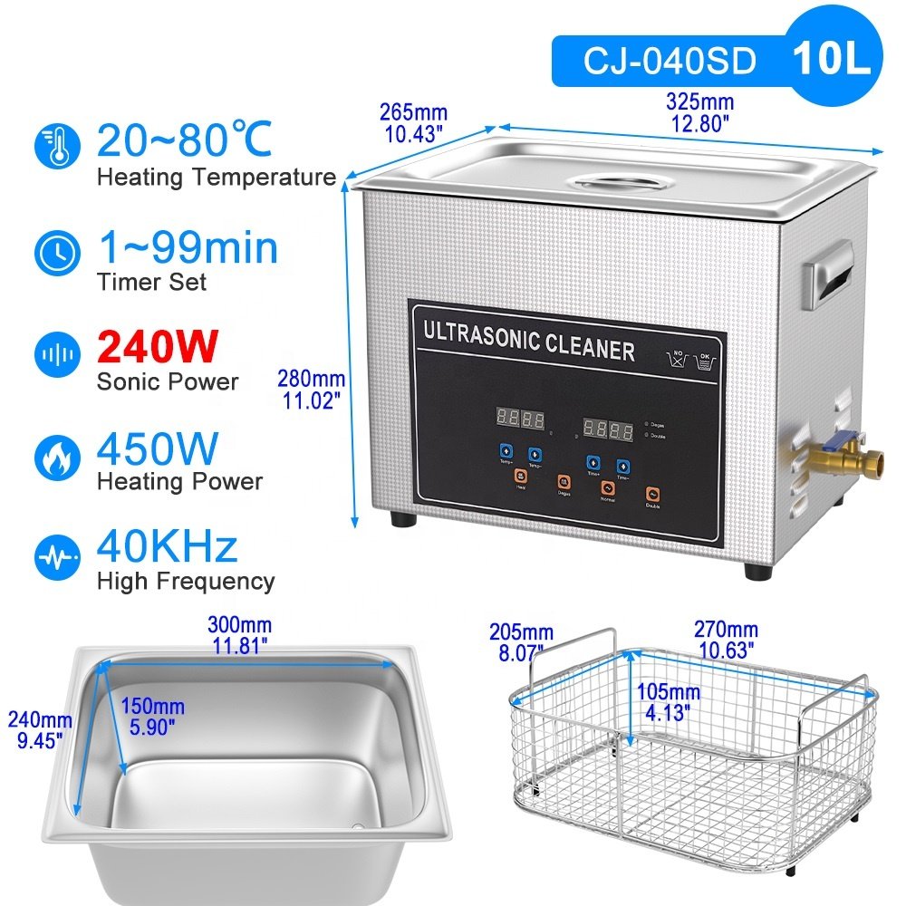Desktop Stainless Steel Ultrasonic Cleaner 10L 2.64 Gal 240 W & 360 W Digital Control Semiwaves & Full-wave Work Alternately