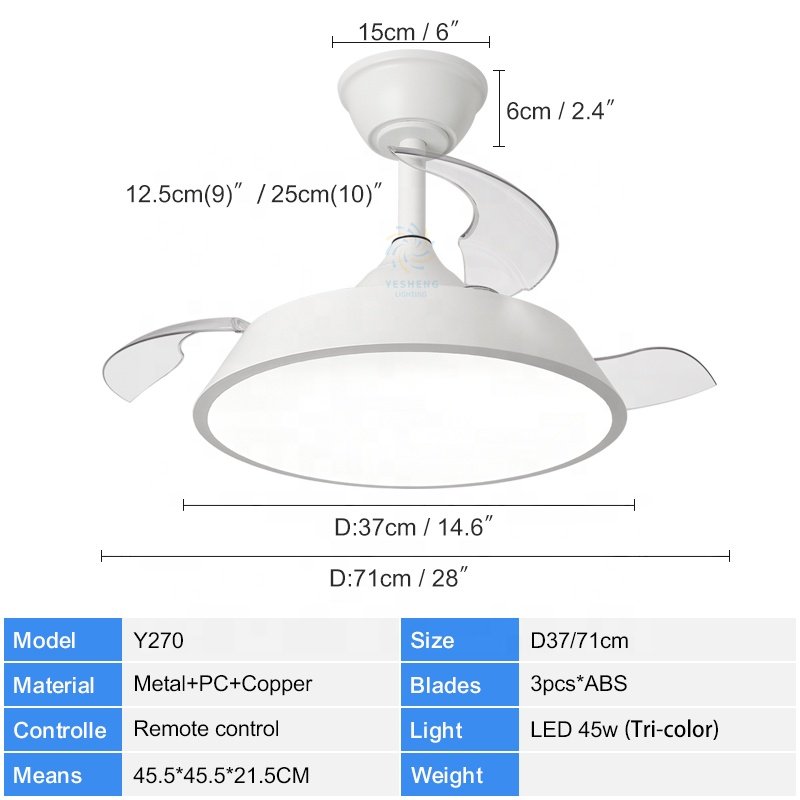 Y270 Home Designer 28-Inch Modern LED Tricolor Bladeless Ceiling Fans Remote Control Home Decorative Project Installation