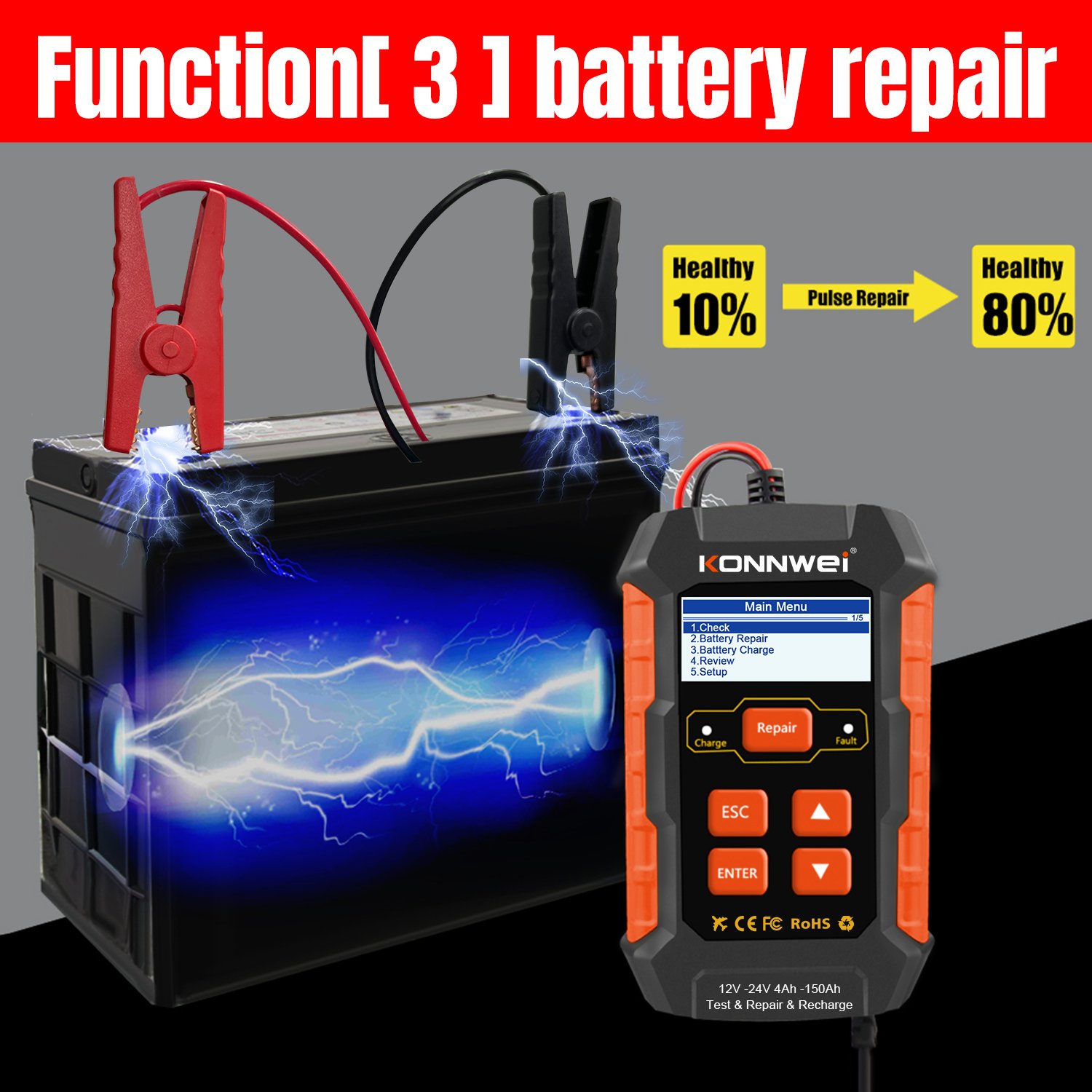 Automotive KONNWEI KW520 Battery Tester Plus Charger Plus Repair Tool 12V 10A /24V 5A Automotive Alternator Tester