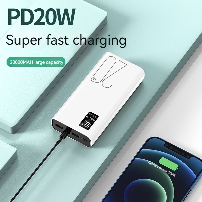 Portable Big Capacity 2USB + Type-C Output 20000mah PowerBank LED Digital Display USB C 22.5W Fast Charging Power Bank 20000mAh