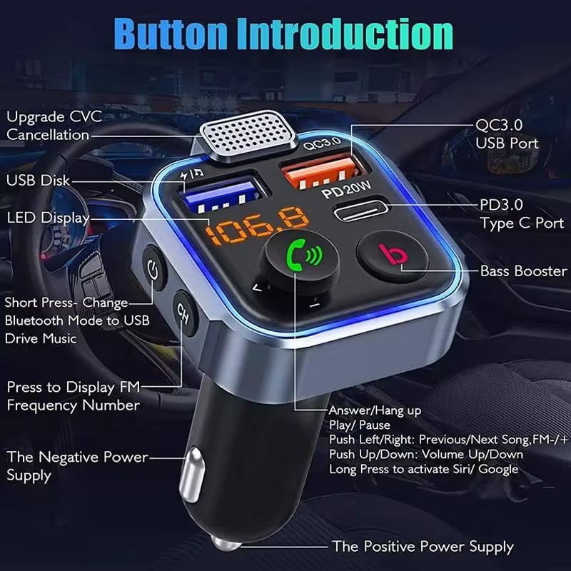 Car BT5.0 Handsfree Call Car Mobile Charger Dual USB QC3.0 Fast Charging with Display Mp3 Music Player FM Transmitter