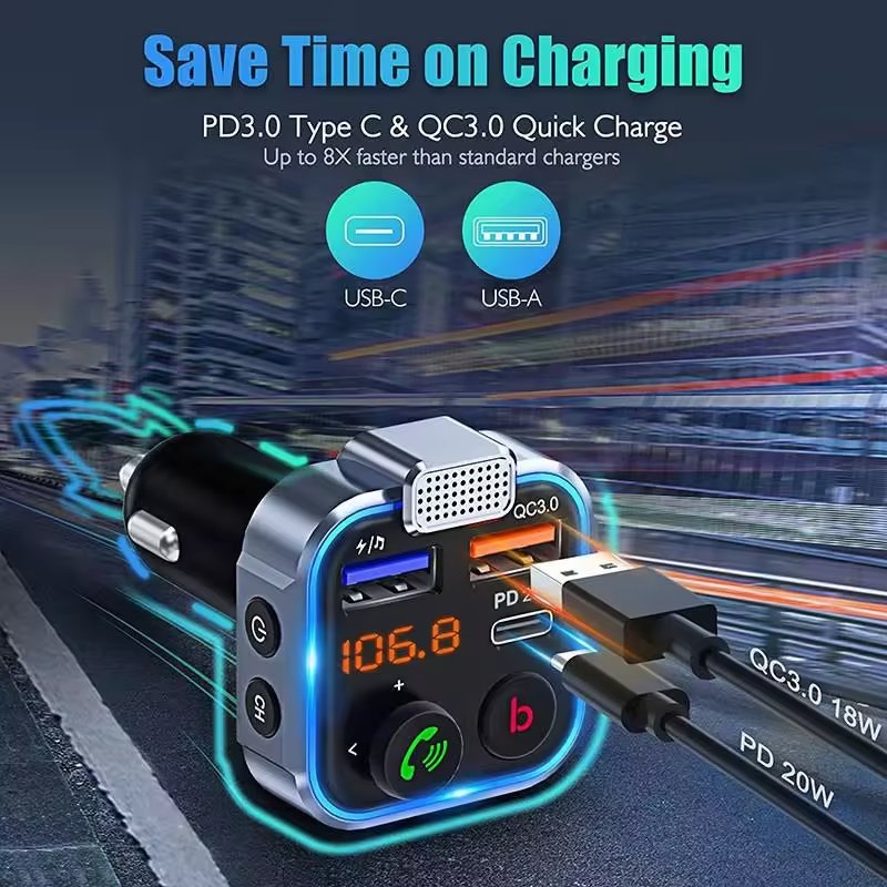 Car BT5.0 Handsfree Call Car Mobile Charger Dual USB QC3.0 Fast Charging with Display Mp3 Music Player FM Transmitter