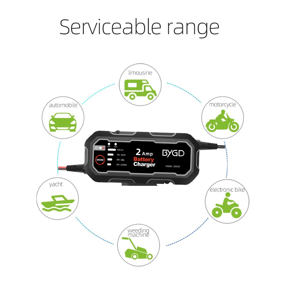 6v 12v AGM GEL Lead Acid 2A Smart Car Battery Charger Lithium and Lead-acid Battery Charger Small Current Maintenance Battery