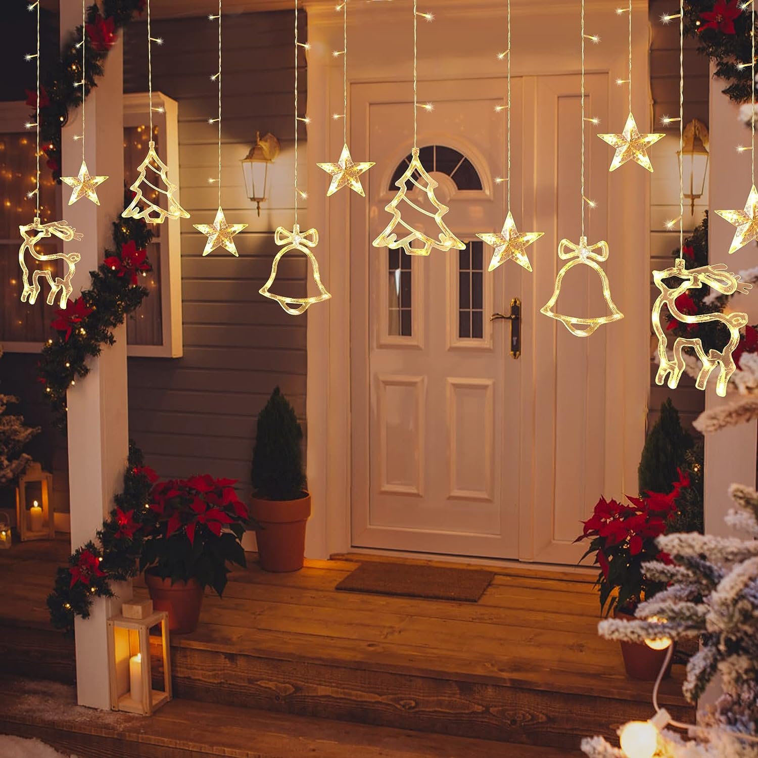 Christmas Window Curtain Lights 138 LED Warm White String Lights USB Powered 8 Functions New Year Indoor Outdoor Decoration