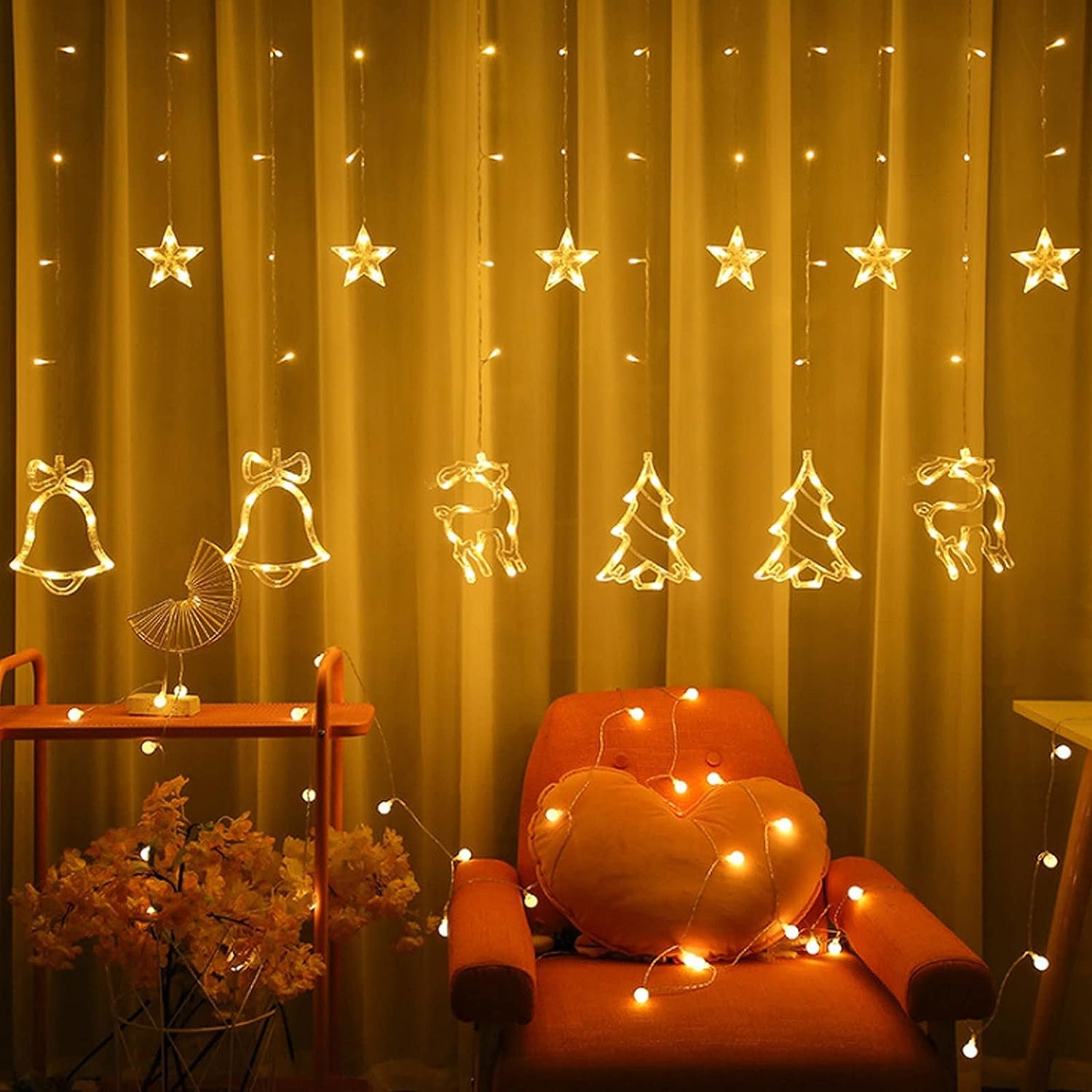 Christmas Window Curtain Lights 138 LED Warm White String Lights USB Powered 8 Functions New Year Indoor Outdoor Decoration