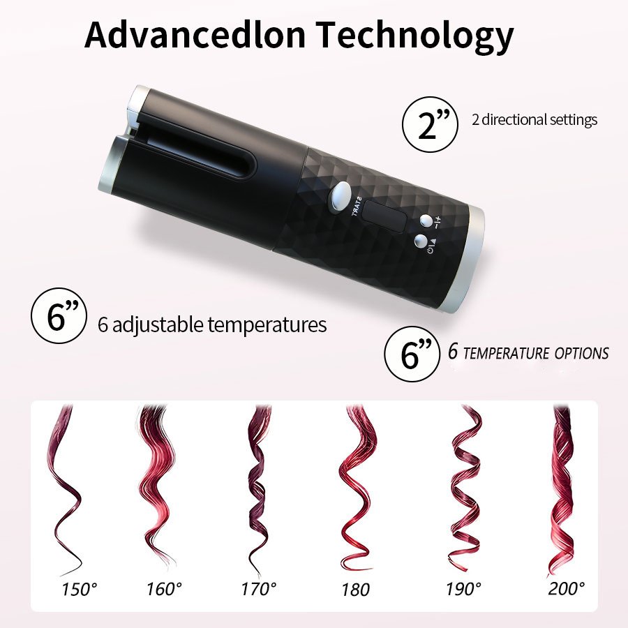 6 Temp Rotating Curling Wand Wireless Rechargeable Curling Iron Wand Fast Heating Cordless Hair Curler Auto Hair Curler