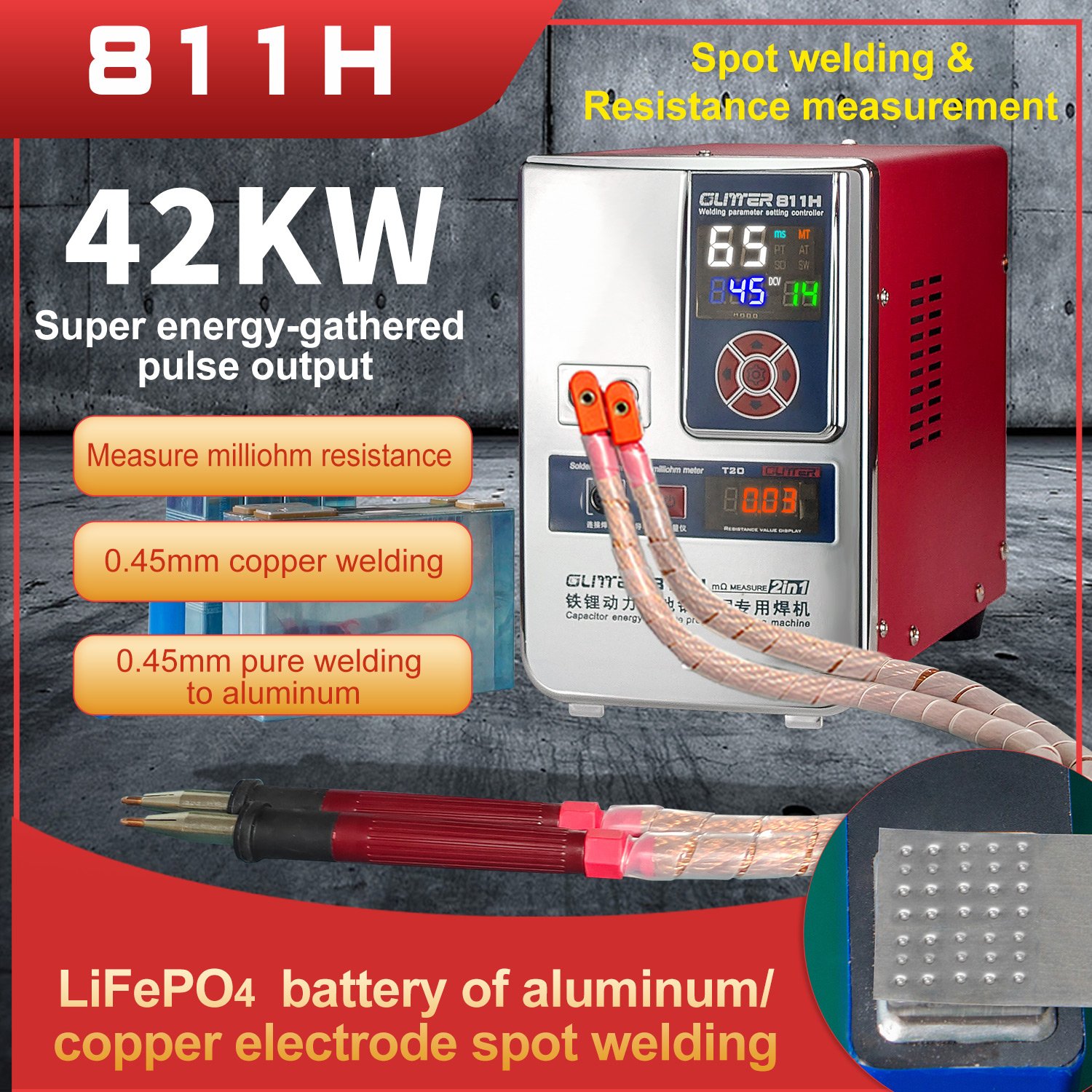 Glitter 811H 42KW 700A Output Aluminum to Copper /nickle Spot Welding Machine for Iron Lithium Battery