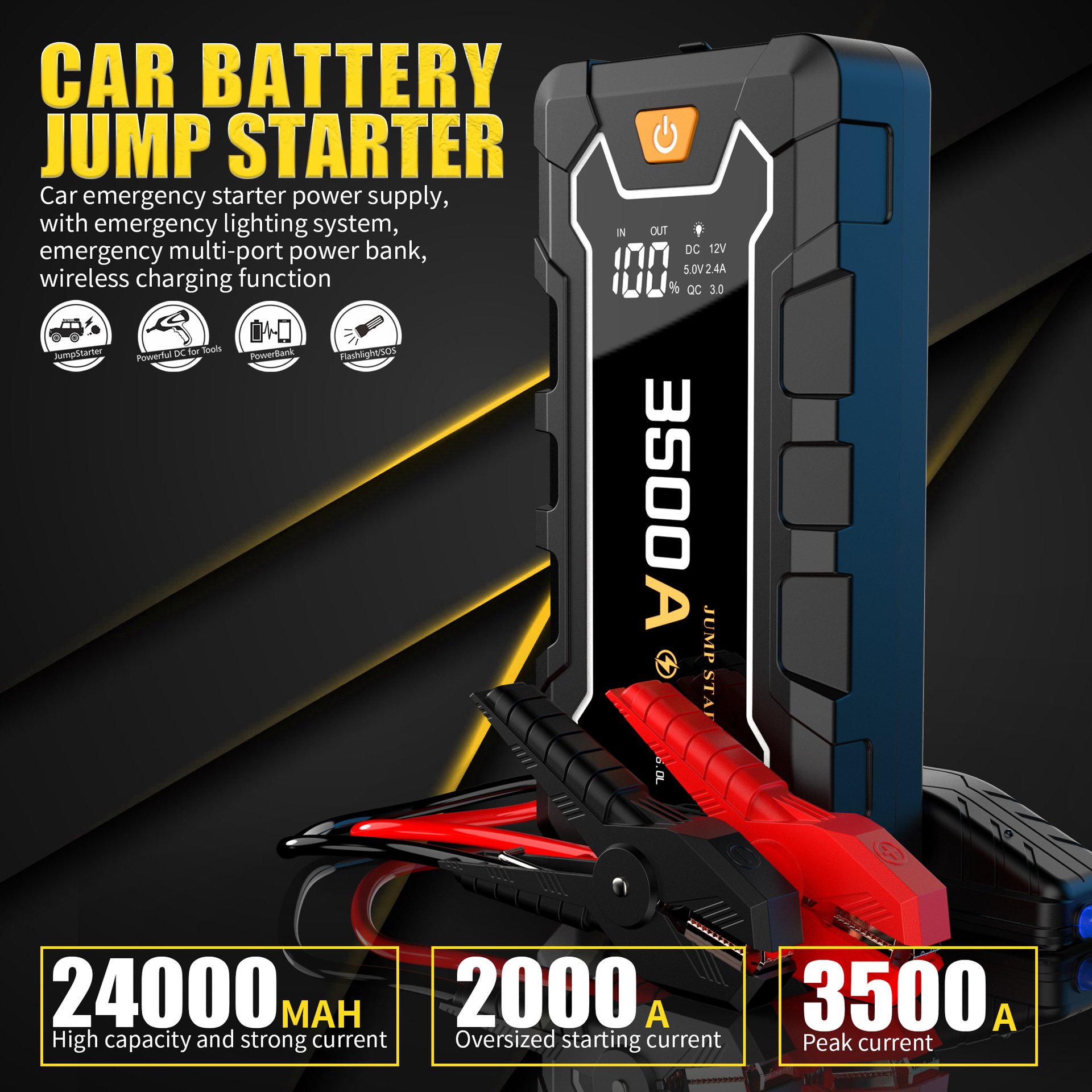 Factory Sale 4000A Car Jump Starter 2000A Peak for Truck 12V Car Emergency Battery Starting with LED Light Gas 10L Diesel 12L