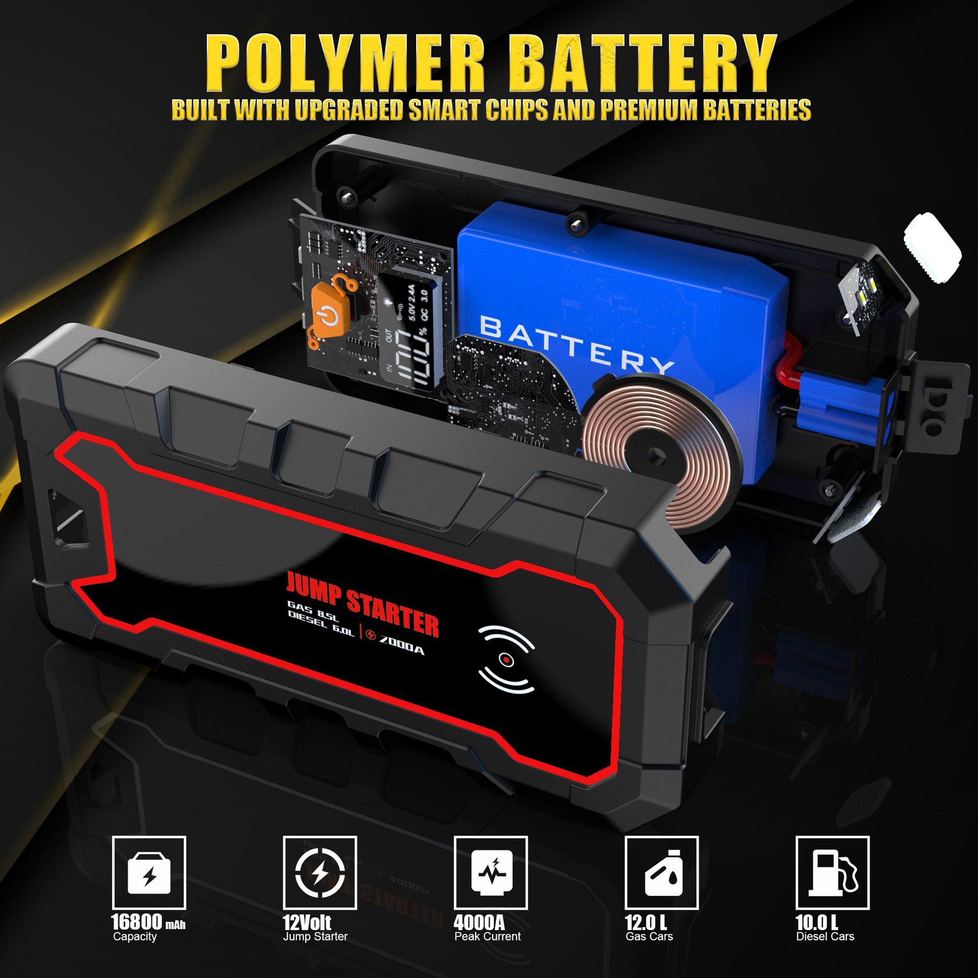 Factory Sale 4000A Car Jump Starter 2000A Peak for Truck 12V Car Emergency Battery Starting with LED Light Gas 10L Diesel 12L