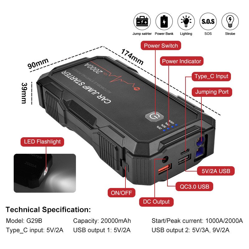Auto Battery Car Booster Jump Starter Power Bank 12V 16000mAH Jump Starter 2000 Amp Jump Starter