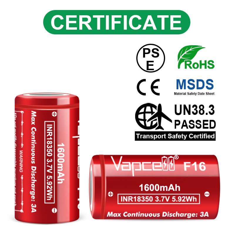 Vapcell F16 INR18350 1600mAh 3A 3.7v Pk Liitokala Lii 18350 Li Ion Rechargeable Battery for E-bike Battery Pack