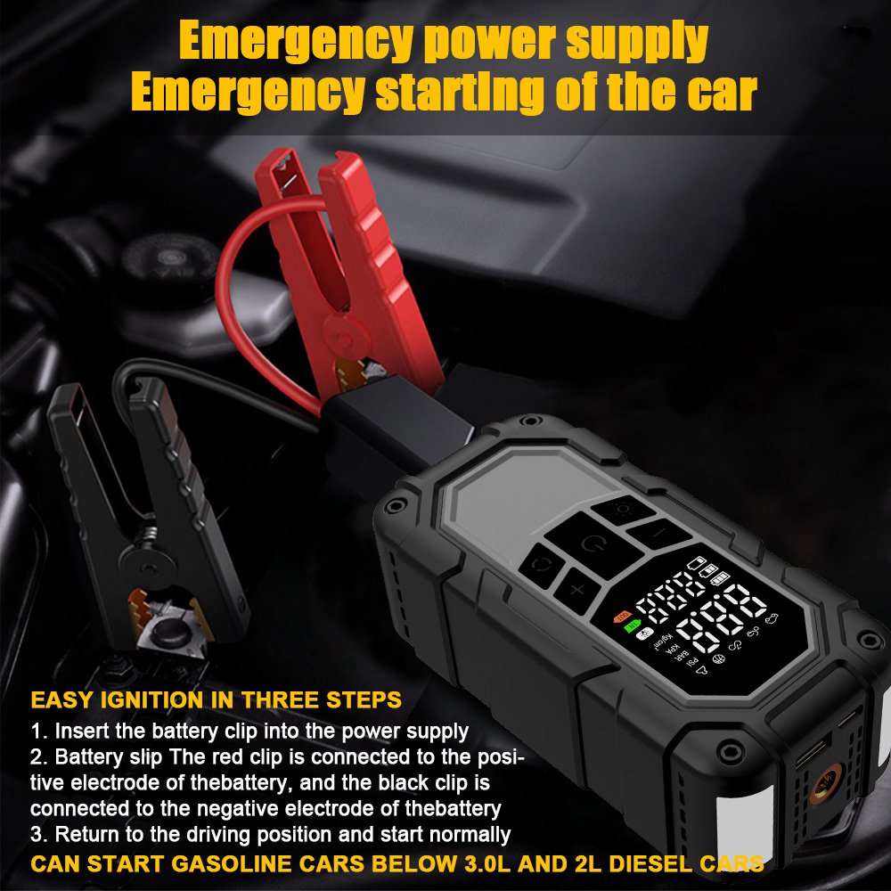 Jump Starter WIth Wireless Tire Inflator Dual Use Faster Inflation Efficient Digital Display Built in LED Light Power Bank