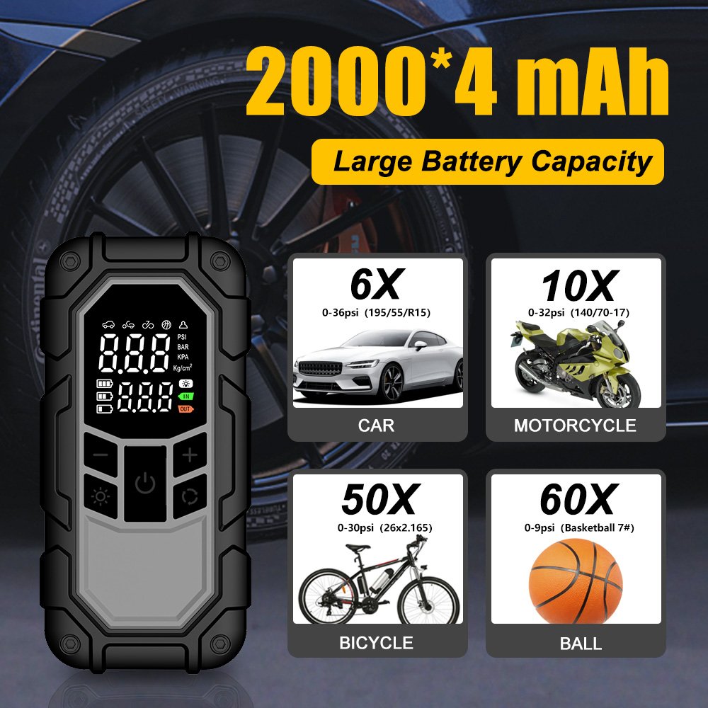 Jump Starter WIth Wireless Tire Inflator Dual Use Faster Inflation Efficient Digital Display Built in LED Light Power Bank