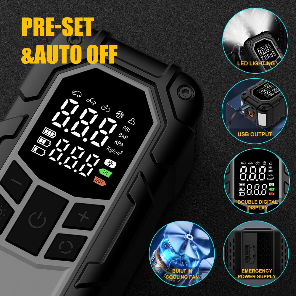 Jump Starter WIth Wireless Tire Inflator Dual Use Faster Inflation Efficient Digital Display Built in LED Light Power Bank