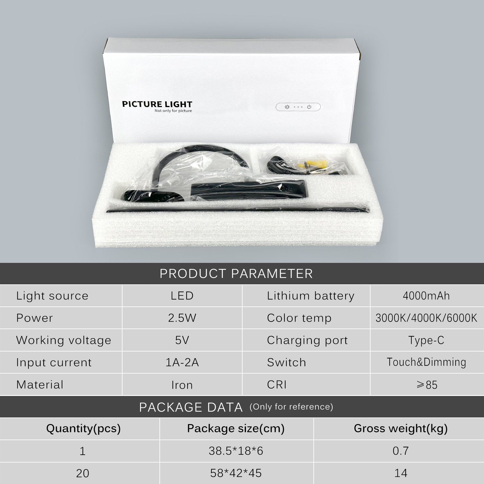 LED Battery Operated Picture Light Dimmable Three Mode Wall Lights Rotatable Light Head Wall Lamp