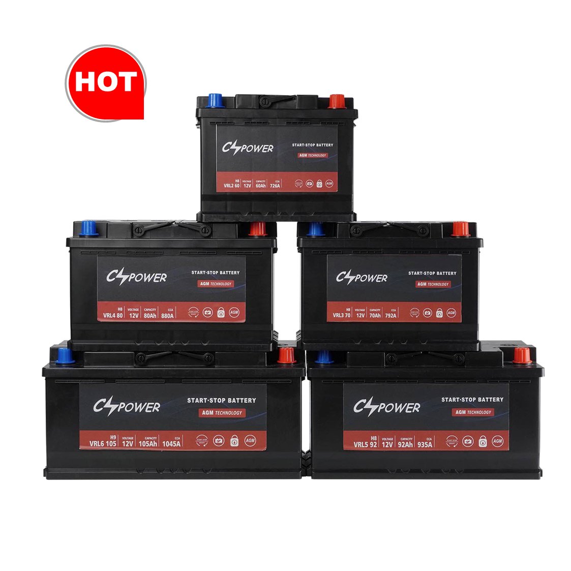 CSPower AGM Car Battery with Start/Stop 12V 50ah-105ah New VRL2-VRL6 H5/H6/H7/H8/H9 LEO for Various Vehicle Models