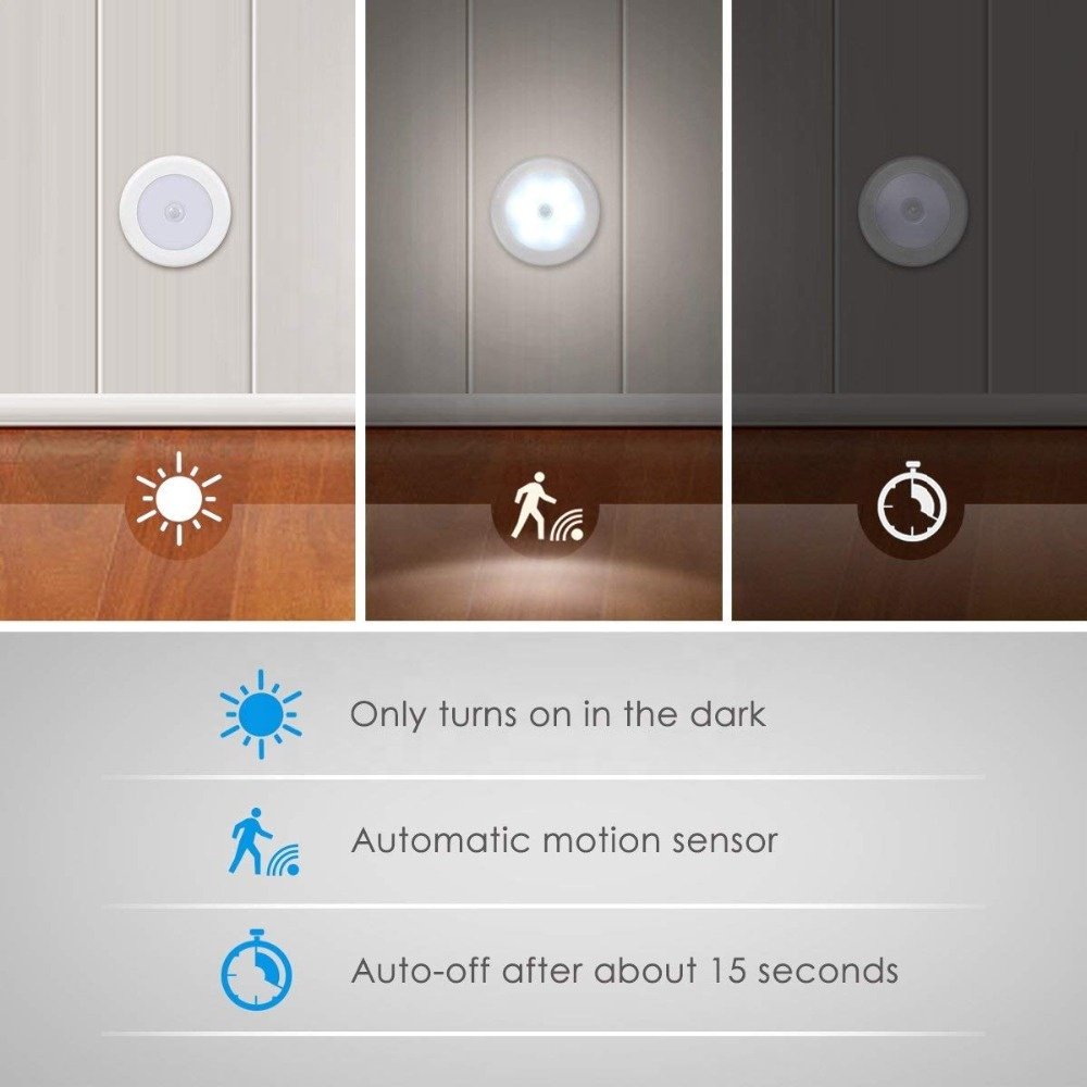 6LED BeadSensor Night Light PIR Infrared Motion LED Bulbs Auto on and Off Closet Battery Power for Home Wall Lamp Cabinet Stairs