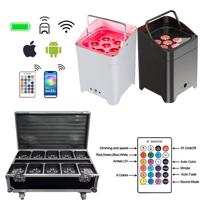 6*18W Battery-powered RGBWA+UV Wireless Uplights Rechargeable Spotlights for KTV and Wedding Party DJ Stage with Flight Case