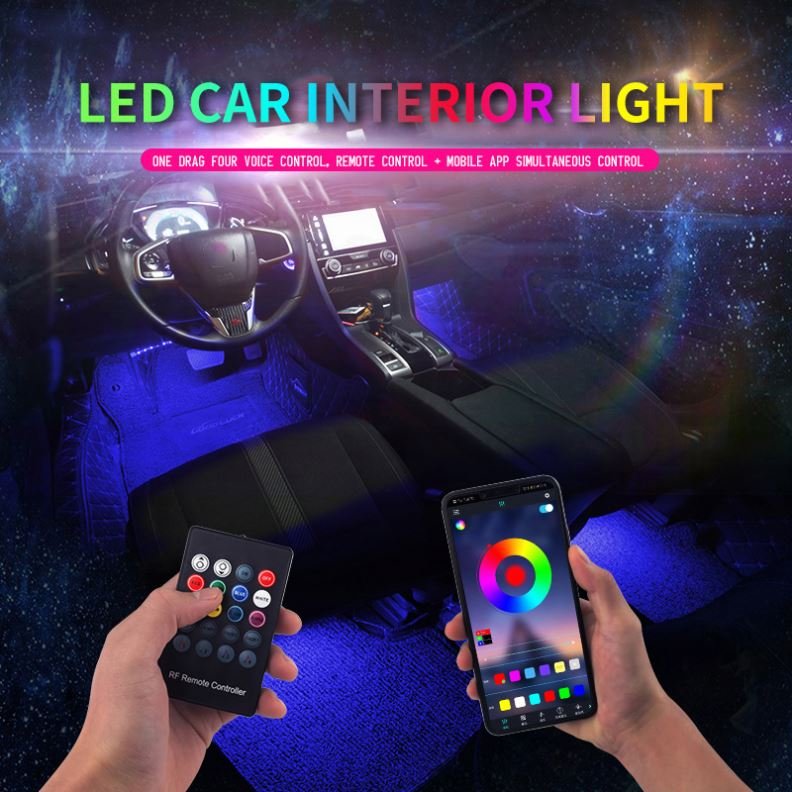 4pcs Auto LED RGB Interior Atmosphere Strip Light With USB Wireless Music Control Multiple Modes Decorative Lamp for the Car
